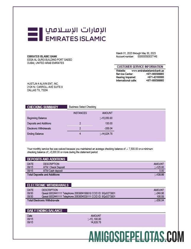 Modelo Word e PDF do extrato da empresa do Banco Islâmico Realista Emirates